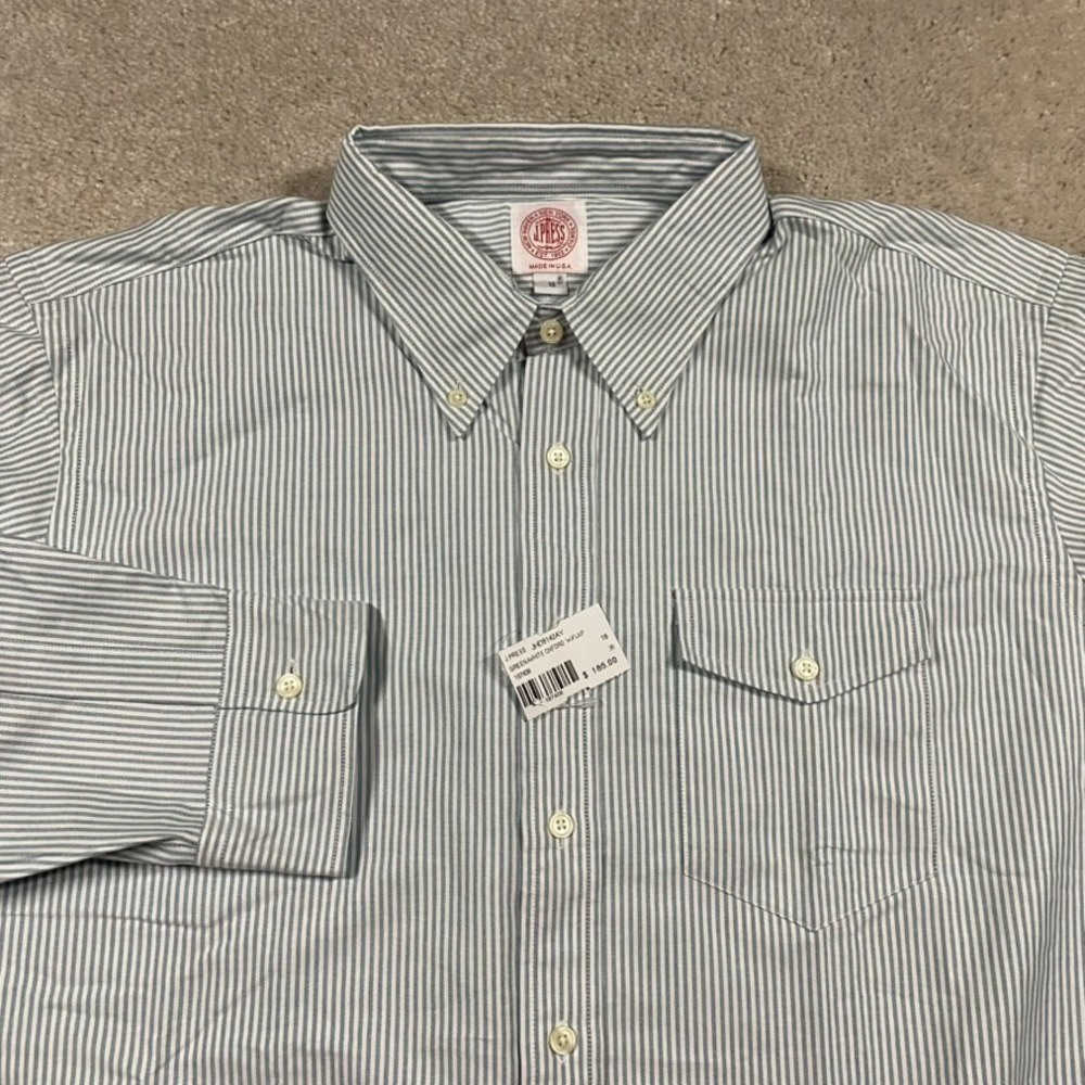 J. Press Oxford Shirt Mens 18-35 Green White Striped Flap Pocket USA Preppy